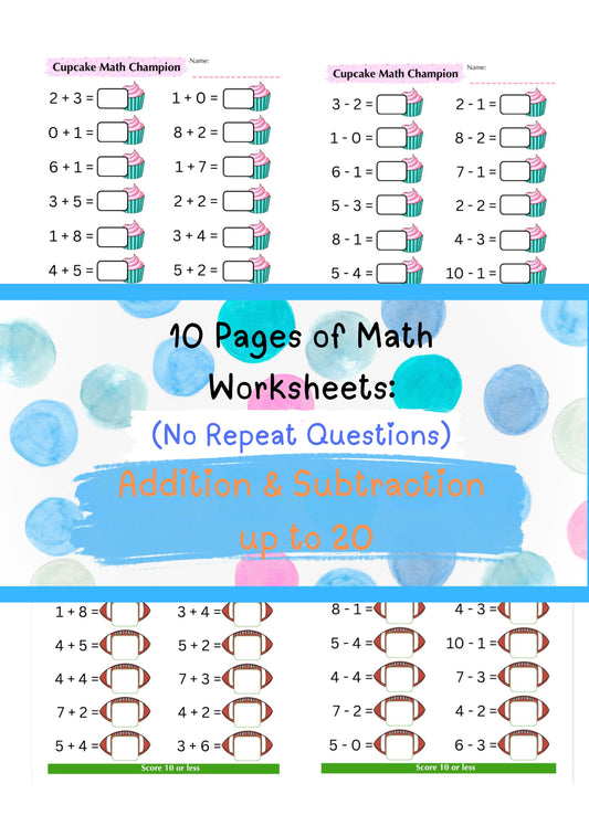 Addition & Subtraction Worksheets up to 20 Printable Math Practice for Kids Cupcake and Football Themes Homeschool and Classroom Activity